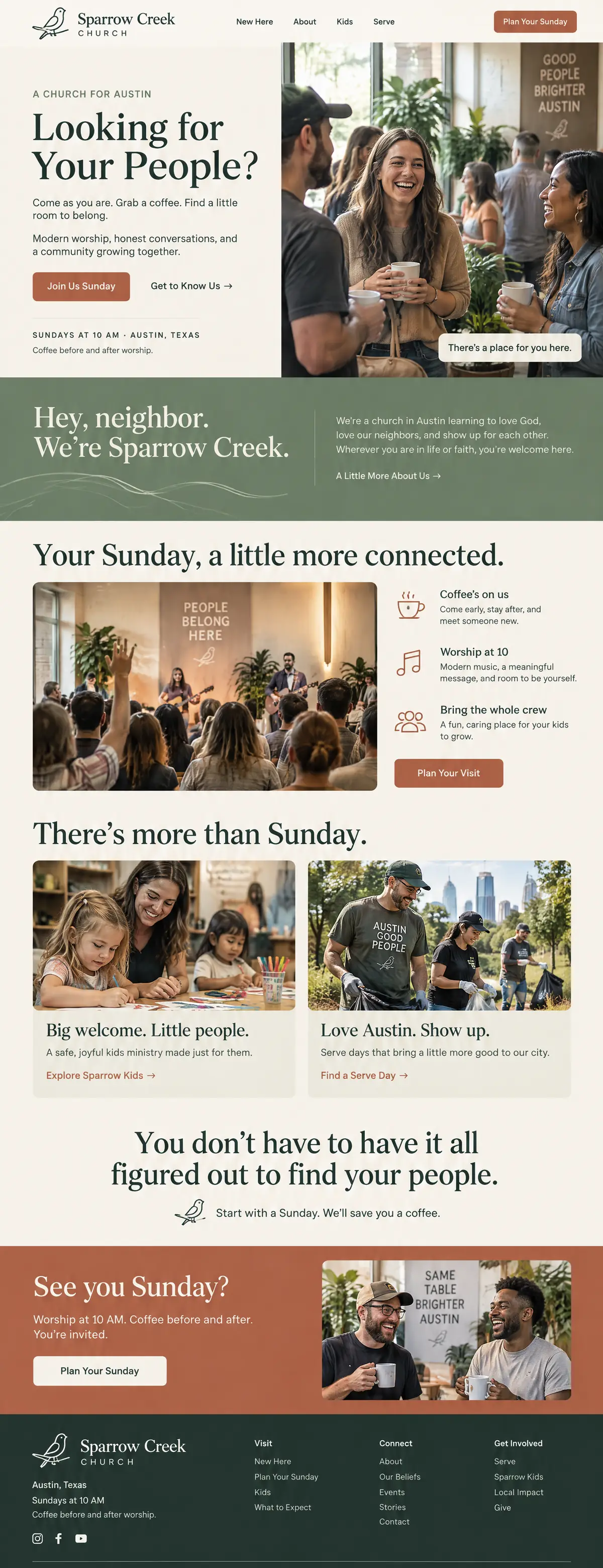 Homepage design for a church in Austin: cream, sage green and terracotta with serif type; 'Looking for Your People?' beside friends laughing over coffee; sage welcome band; worship photo with a feature list; kids ministry and serve-day cards; terracotta call-to-action