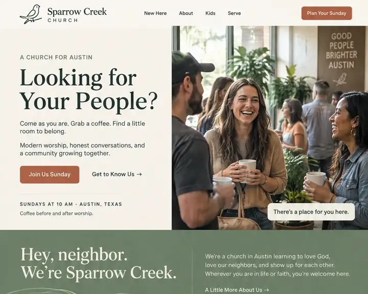 Homepage design for a church in Austin: cream, sage green and terracotta with serif type; Plan Your Sunday button; 'Looking for Your People?' beside friends laughing over coffee; the Sunday service time under the welcome; sage welcome band; worship photo with notes