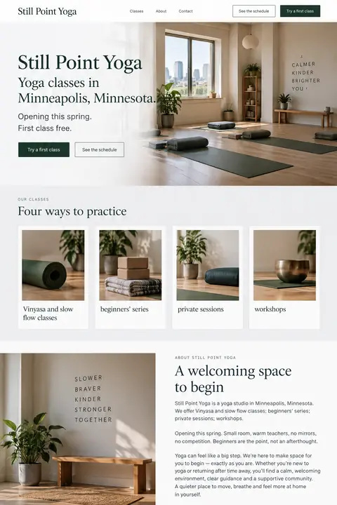 Example homepage design for Still Point Yoga, a fictional yoga studio in Minneapolis, Minnesota (earthy look)