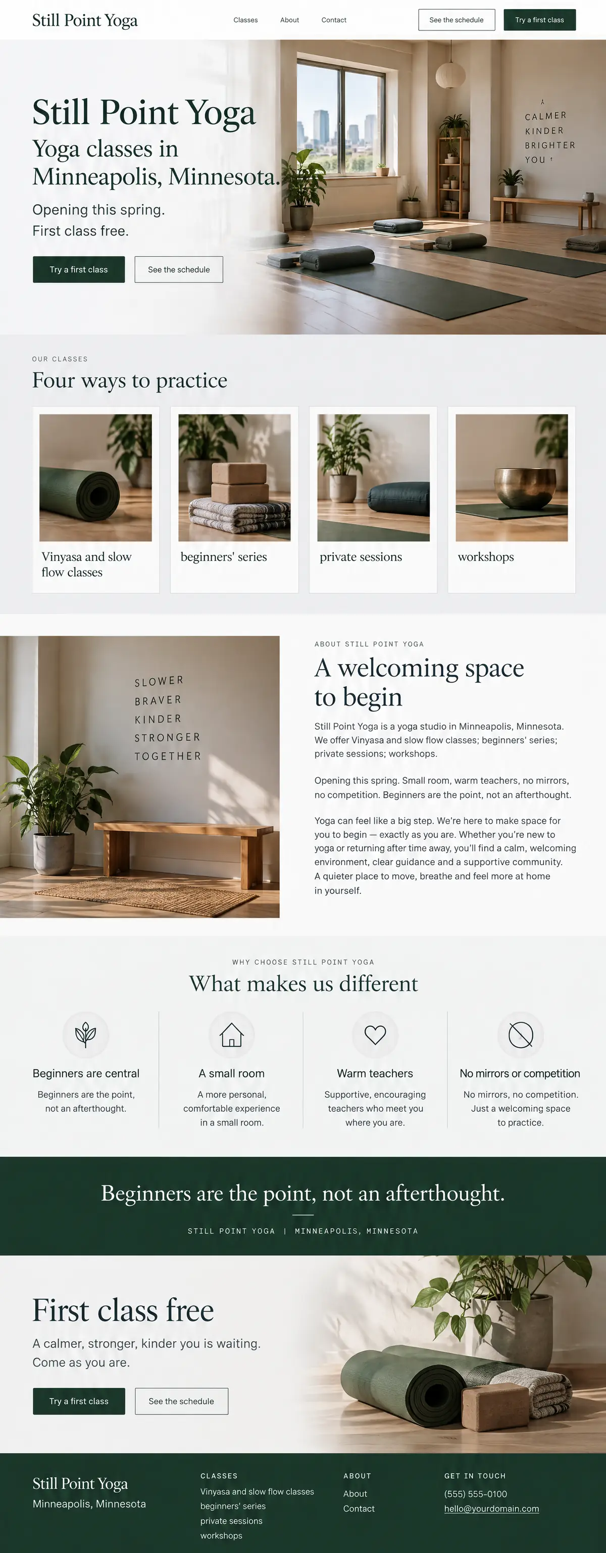 Homepage: Example homepage design for Still Point Yoga, a fictional yoga studio in Minneapolis, Minnesota (earthy look)