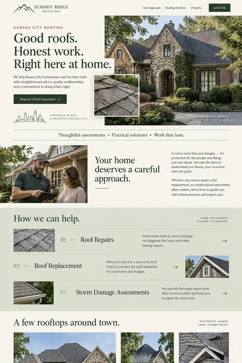 Example homepage design for Summit Ridge Roofing, a fictional roofing company in Kansas City, Missouri (warm editorial look)