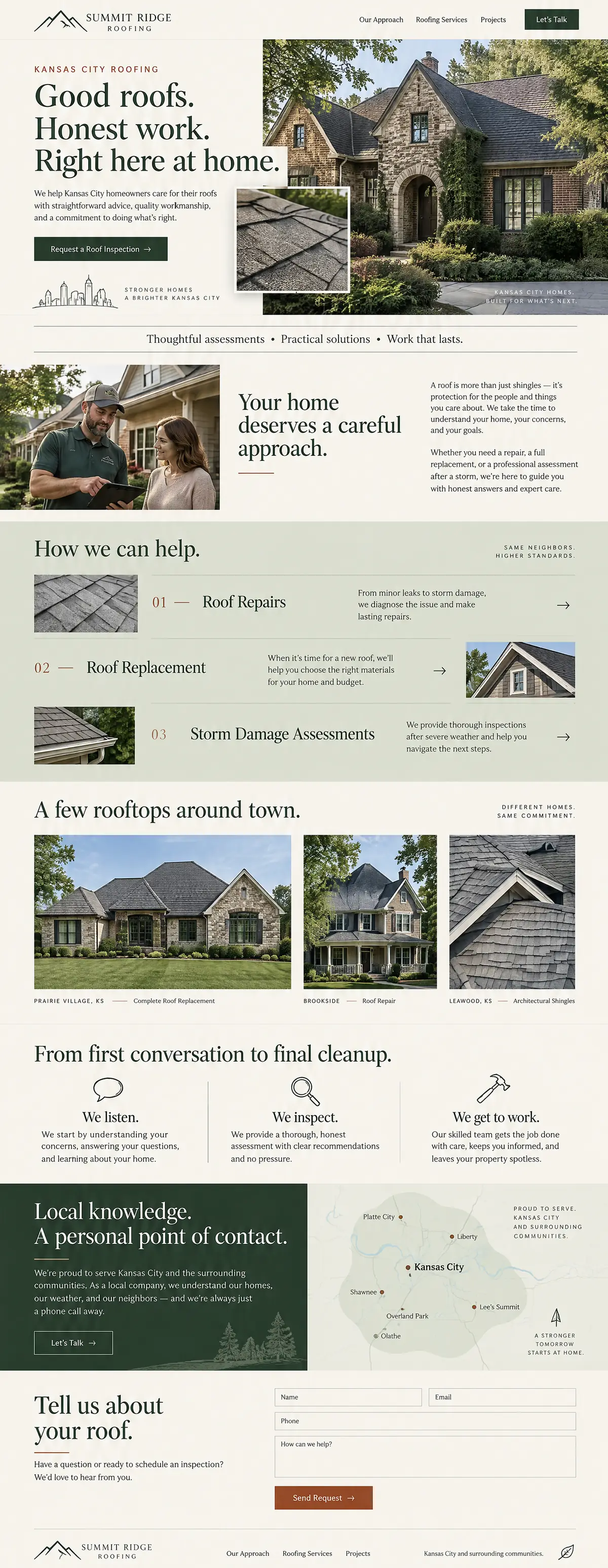 Homepage: Example homepage design for Summit Ridge Roofing, a fictional roofing company in Kansas City, Missouri (warm editorial look)