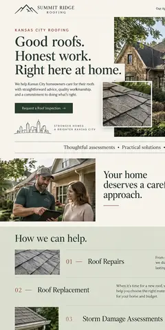 The top of the same roofing company design in a phone-sized frame