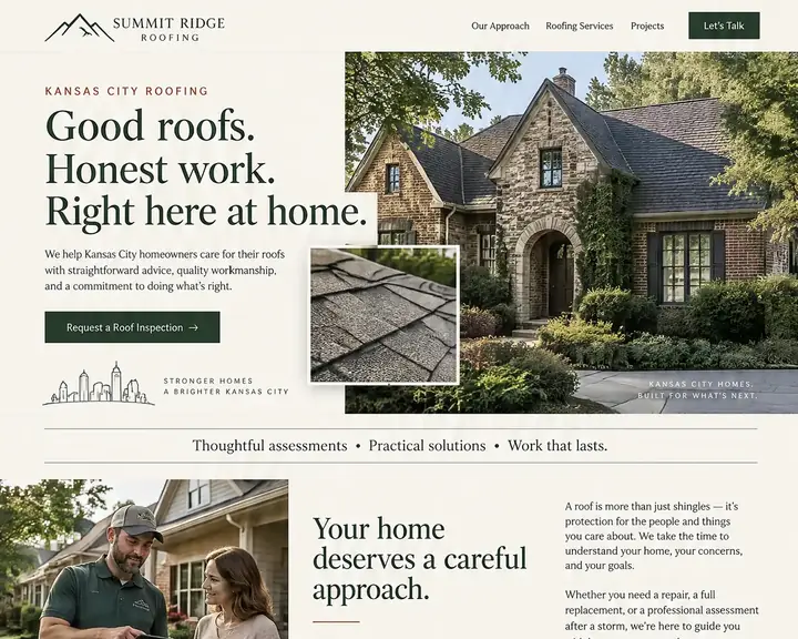 Example roofing website design by Future for Summit Ridge Roofing in Kansas City: cream and forest green with serif headlines, a Request a Roof Inspection button, numbered repair, replacement and storm damage assessment services, and recent roofs captioned by neighborhood