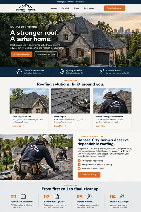 Example homepage design for Summit Ridge Roofing, a fictional roofing company in Kansas City, Missouri (classic navy look)