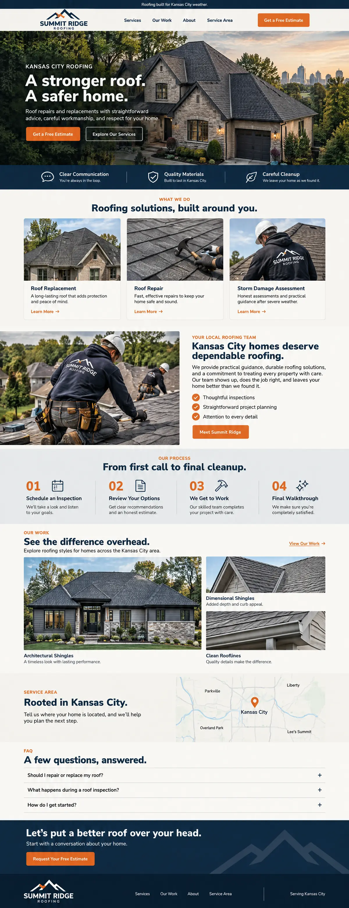 Homepage: Example homepage design for Summit Ridge Roofing, a fictional roofing company in Kansas City, Missouri (classic navy look)