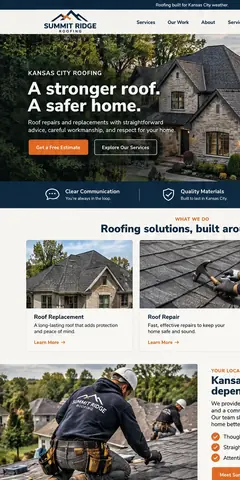 The top of the same roofing company design in a phone-sized frame