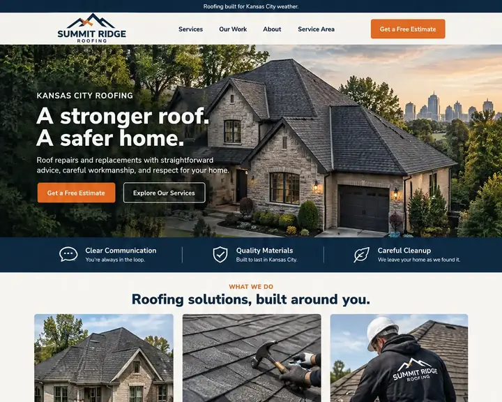 Example roofing website design by Future for Summit Ridge Roofing in Kansas City: a stone house with a dark shingle roof filling the top, navy and white with orange Get a Free Estimate buttons, and cards for roof replacement, roof repair and storm damage assessment