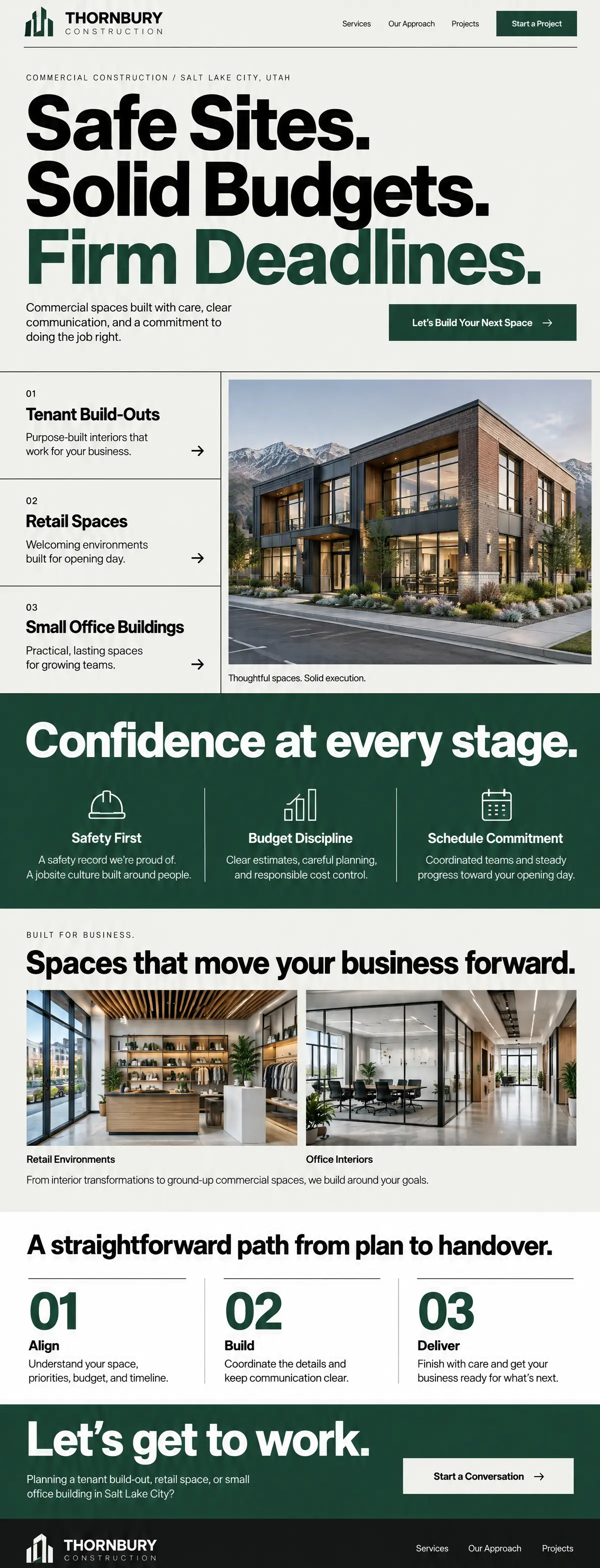 Homepage design for a commercial construction company in Salt Lake City: off-white, black and deep green; giant 'Safe Sites. Solid Budgets. Firm Deadlines.' headline; numbered list of tenant build-outs, retail and office buildings beside a brick-and-glass office photo; green 'Confidence at every stage' band; three-step path to handover