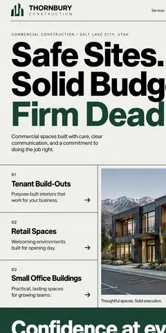 The top of the same commercial construction company design in a phone-sized frame