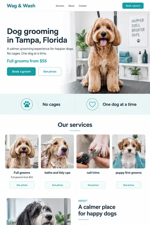 Example homepage design for Wag & Wash, a fictional dog grooming in Tampa, Florida (light and clean look)