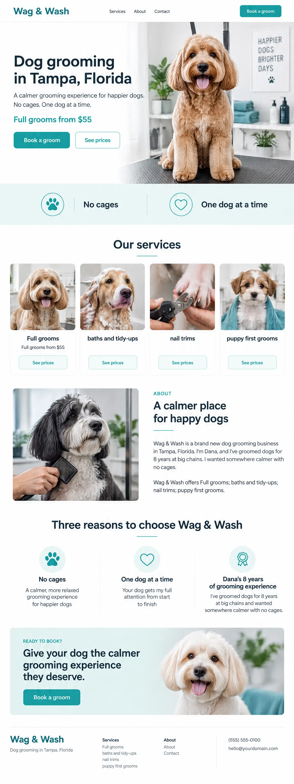 Homepage: Example homepage design for Wag & Wash, a fictional dog grooming in Tampa, Florida (light and clean look)
