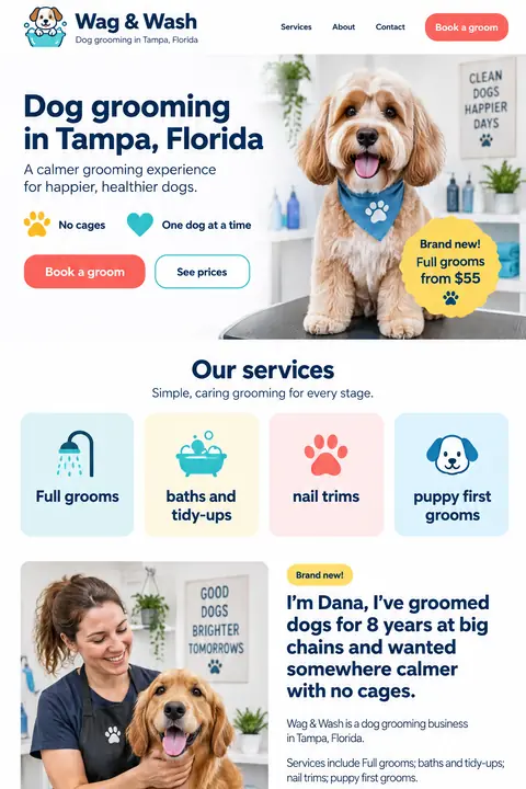 Example homepage design for Wag & Wash, a fictional dog grooming in Tampa, Florida (playful look)