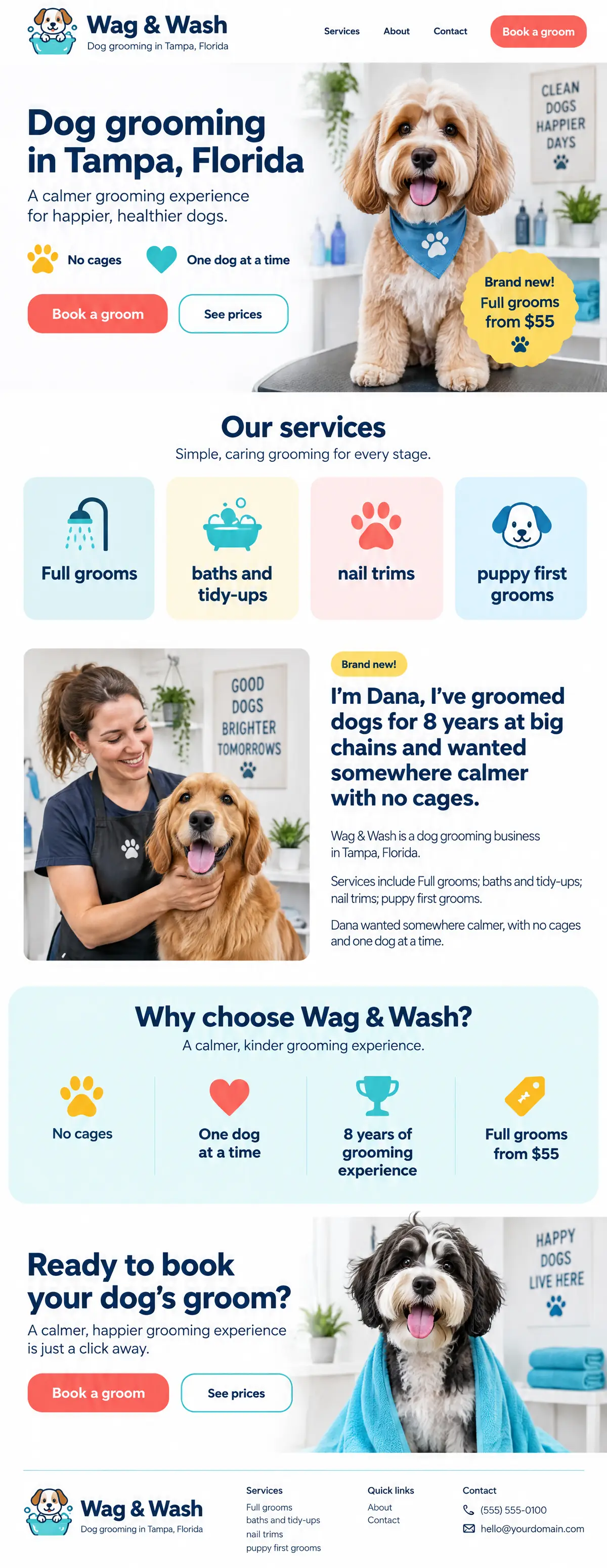 Homepage: Example homepage design for Wag & Wash, a fictional dog grooming in Tampa, Florida (playful look)
