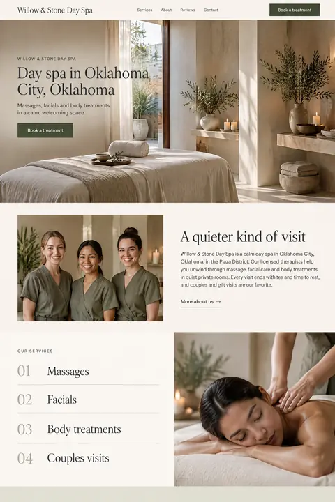 Example homepage design for Willow & Stone Day Spa, a fictional day spa in Oklahoma City, Oklahoma (earthy look)
