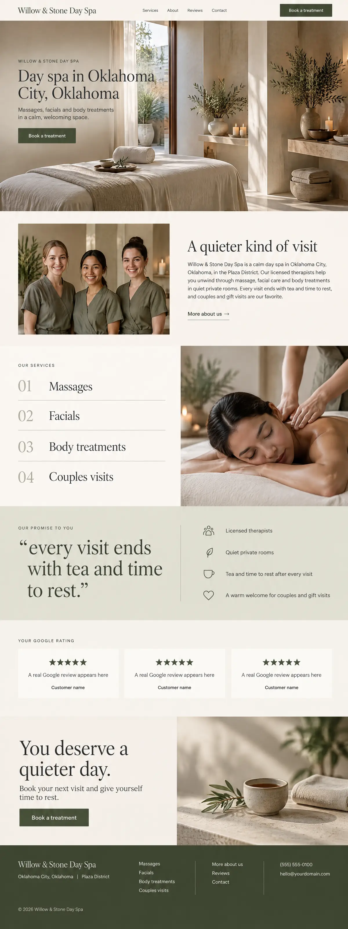 Homepage: Example homepage design for Willow & Stone Day Spa, a fictional day spa in Oklahoma City, Oklahoma (earthy look)