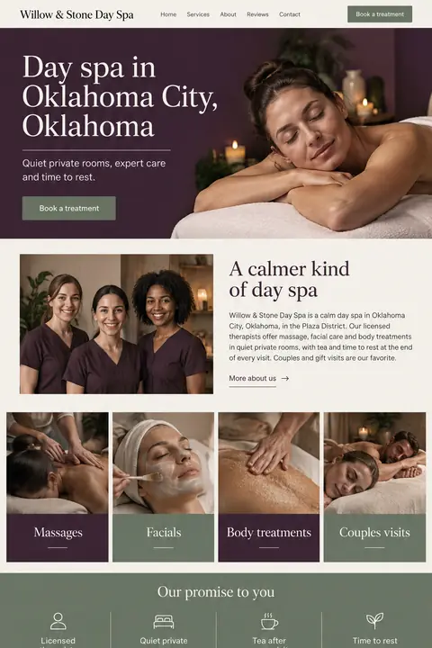 Example homepage design for Willow & Stone Day Spa, a fictional day spa in Oklahoma City, Oklahoma (luxury look)