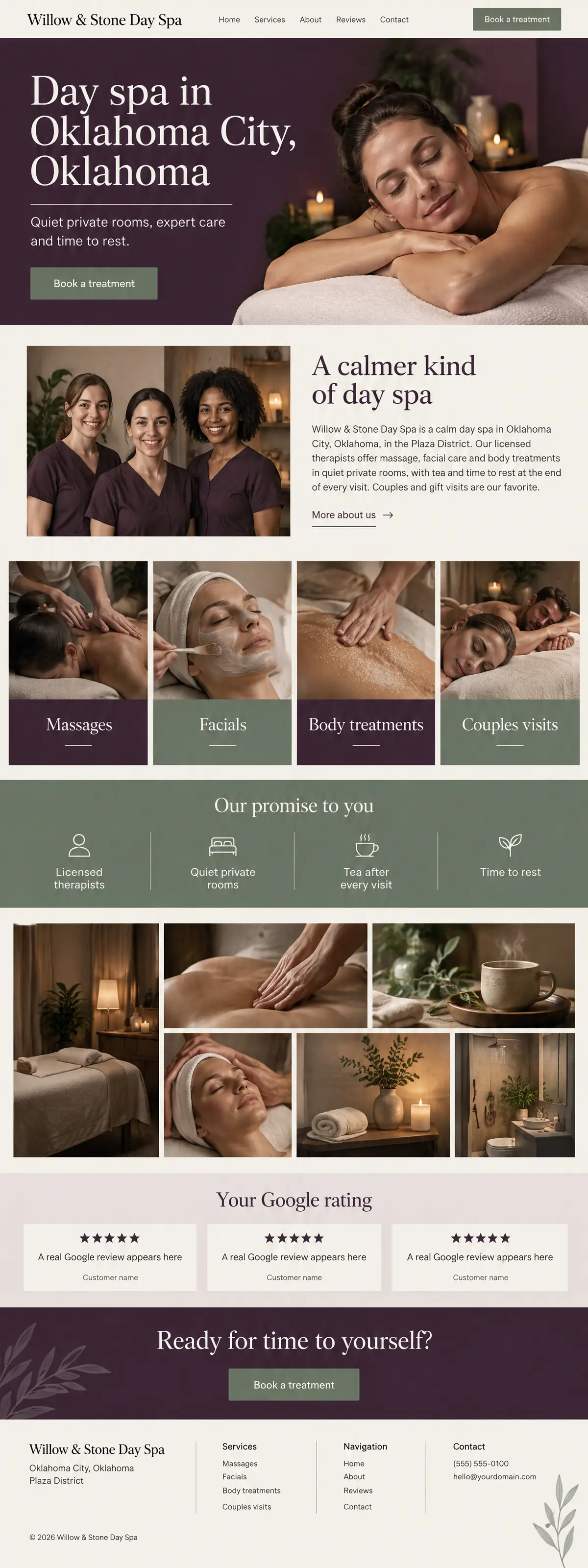 Homepage: Example homepage design for Willow & Stone Day Spa, a fictional day spa in Oklahoma City, Oklahoma (luxury look)