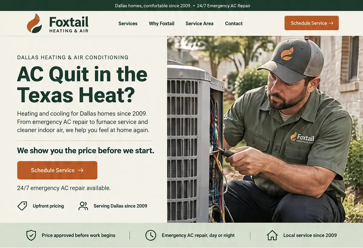The first screen of an example HVAC website design by Future: a big headline asking if your AC quit in the Texas heat, a Schedule Service button at the top right and again under the headline, a 24/7 emergency AC repair line, and a band with upfront pricing and local service since 2009