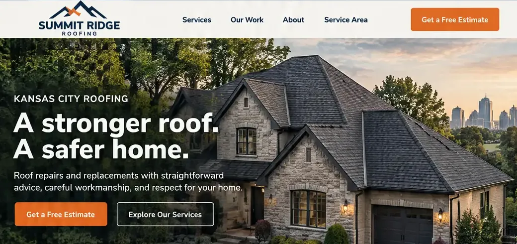 The top of an example roofing website design by Future: an orange Get a Free Estimate button in the header and again under the headline, with an outlined Explore Our Services button beside it