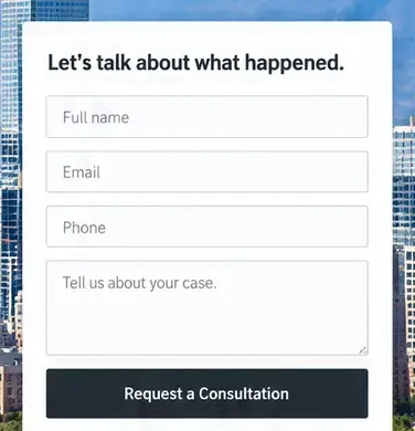 A consultation form on an example law firm website design by Future, headed Let's talk about what happened, with fields for full name, email and phone, a box that says Tell us about your case, and a Request a Consultation button