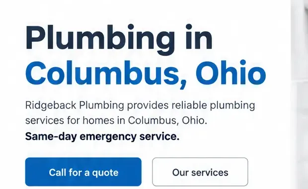 Hero of the Ridgeback Plumbing example design, whose headline reads Plumbing in Columbus, Ohio, with its quote button underneath