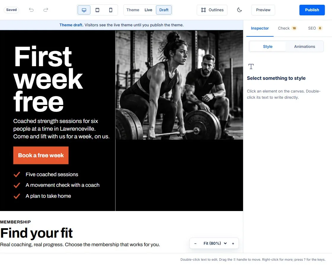 The Future Builder with a fictional gym's homepage open: device views, undo, the Inspector and Publish