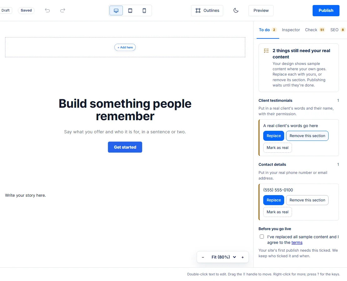 Future's publish checklist: two things still need your real content, each with Replace, Remove this section or Mark as real, and a tick box before you go live