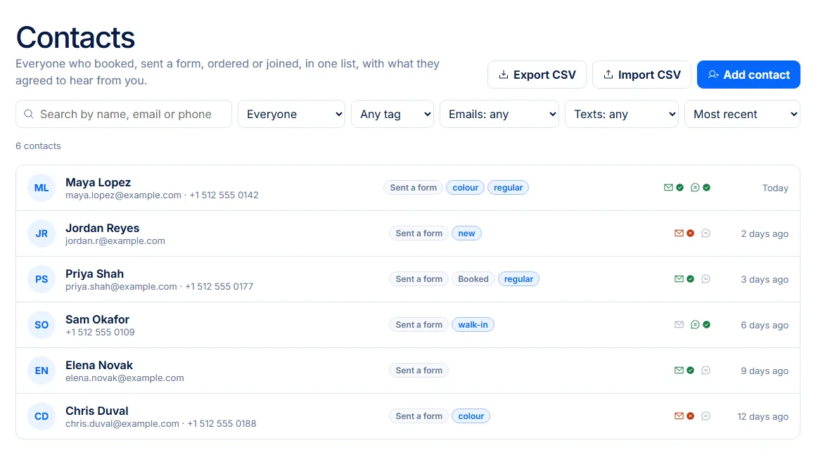 Future Contacts with fictional sample people, tags and consent choices