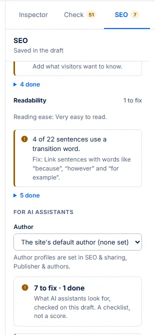 Future's SEO panel with readability and a For AI assistants checklist